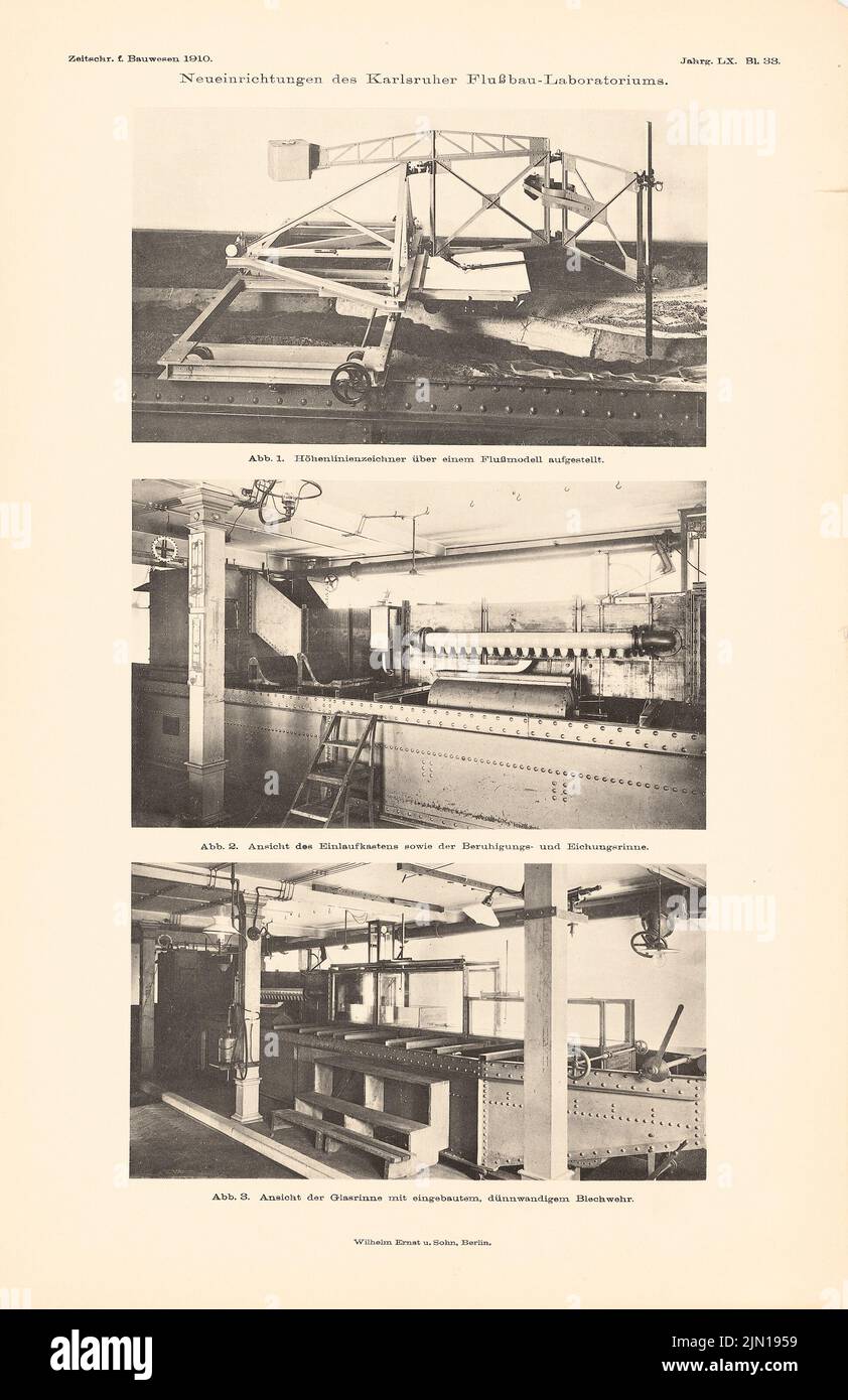 N.N., Reorganisation des Flussbaulabors, Karlsruhe. (Aus: Atlas zur Zeitschrift für Bauwesen, Hrsg. v. Ministerium für öffentliche Arbeit, geboren 60 (1910-1910): Innenansichten. Druck auf Papier, 46 x 29,8 cm (einschließlich Scankanten) N.N. : Neueinrichtung des Flussbau-Laboratoriums, Karlsruhe. (Aus: Atlas zur Zeitschrift für Bauwesen, hrsg. v. Ministerium der öffentlichen Arbeiten, Jg. 60, 1910) Stockfoto