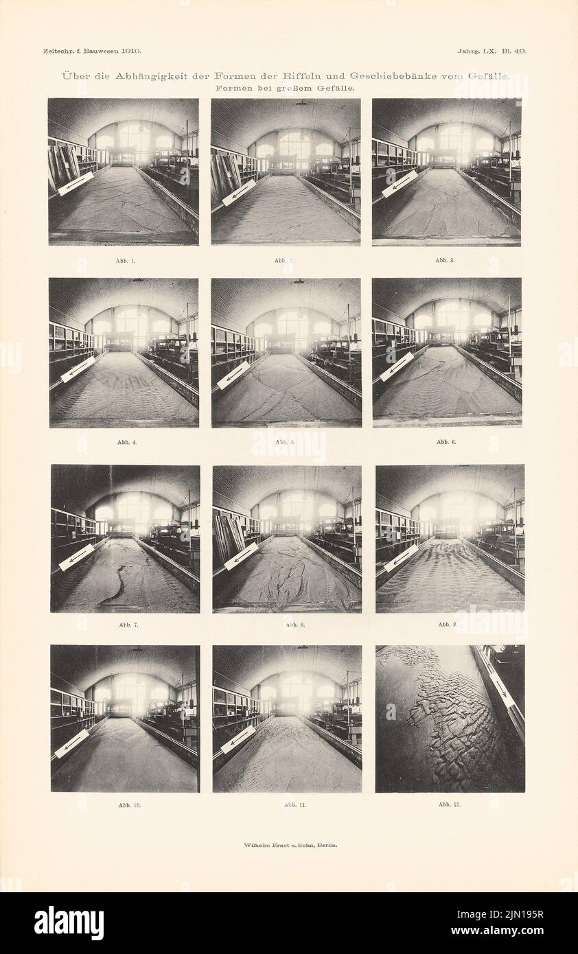 N.N., Abhängigkeit von den Formen der Riffe und Rutschbänke am Hang. (Aus: Atlas zur Zeitschrift für Bauwesen, Hrsg. v. Ministerium für öffentliche Angelegenheiten AR (1910-1910): Views. Druck auf Papier, 46,2 x 29,9 cm (inkl. Scan-Kanten) N.N. : Abhängigkeit der Formen der Riffeln und Geschiebebände vom Fall. (Aus: Atlas zur Zeitschrift für Bauwesen, hrsg. v. Ministerium der öffentlichen Arbeiten, Jg. 60, 1910) Stockfoto