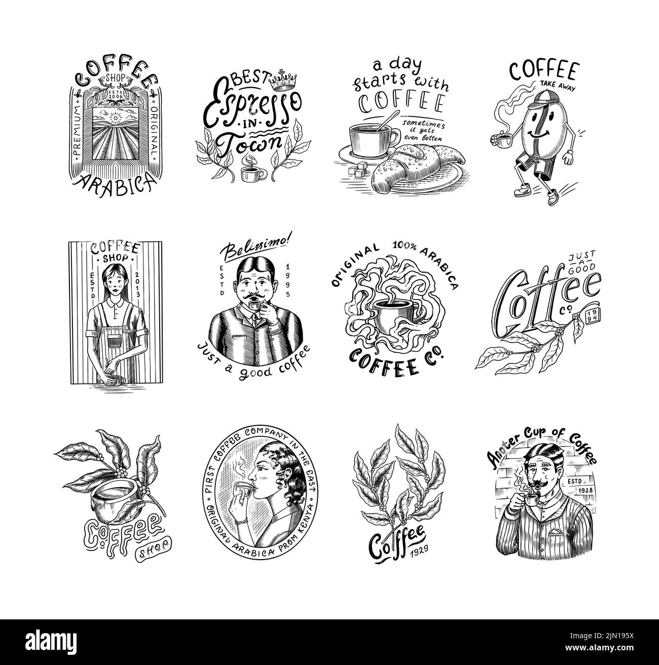 Set von Kaffee im Vintage-Stil. Frau und Mann mit einer Tasse Getränk. Vintage Badge oder Logo Set für T-Shirts, Typografie, Shop oder Schilder. Bohnen und Stock Vektor