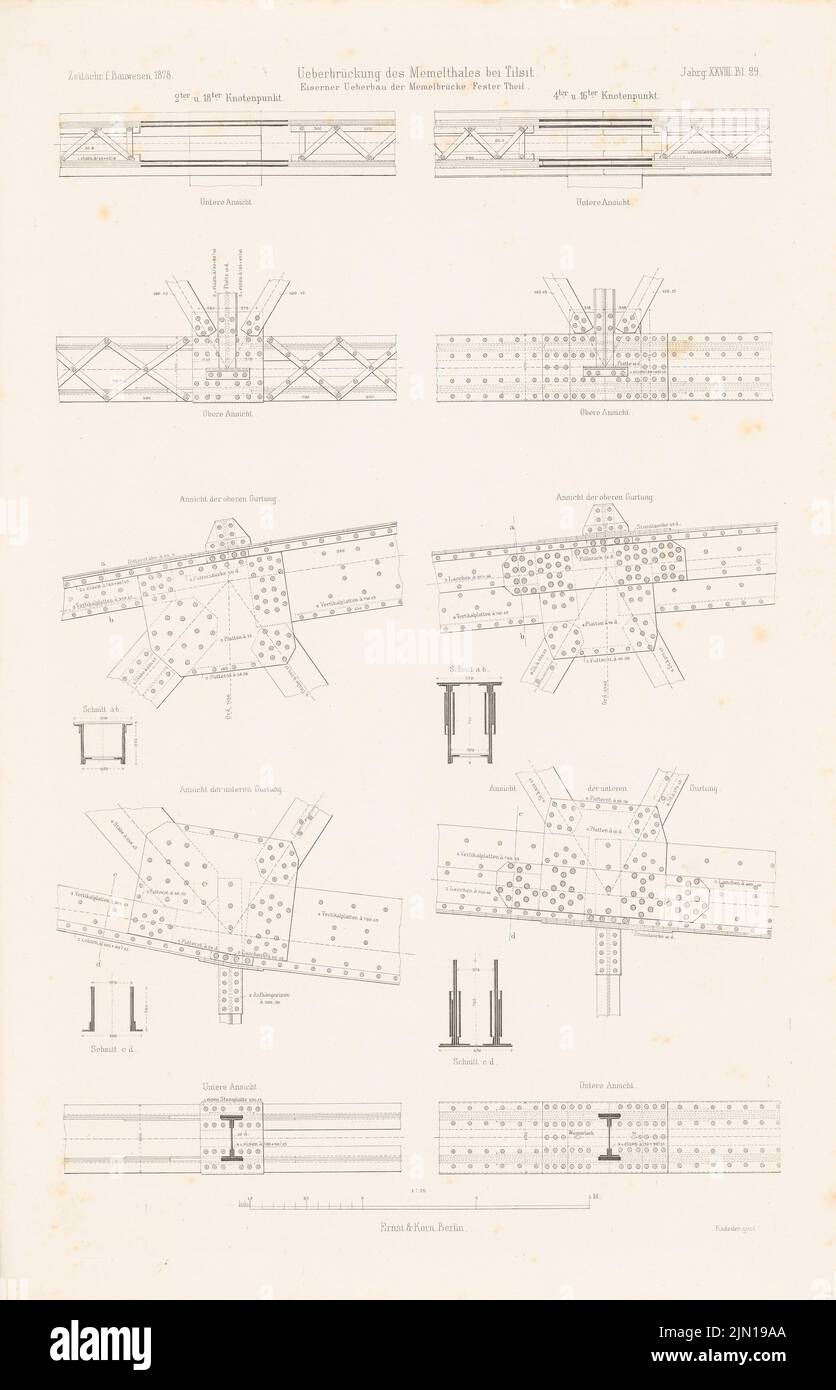 N.N., Überbrückung des Memeltals bei Tilsit. (Aus: Atlas zur Zeitschrift für Bauwesen, hrsg. v. G. Erbkam, Jg. 28, 1878) (1878-1878): Details Überbau. Stich auf Papier, 45,7 x 29,4 cm (einschließlich Scankanten) N.N. : Überbrückung des Memeltals bei Tilsit. (Aus: Atlas zur Zeitschrift für Bauwesen, hrsg. v. G. Erbkam, Jg. 28, 1878) Stockfoto