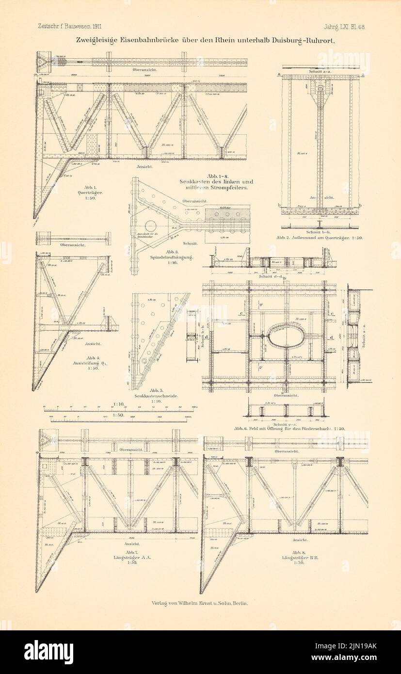 N.N., zweigleisige Eisenbahnbrücken über den Rhein, Duisburg-Ruhrort. (Aus: Atlas zur Zeitschrift für Bauwesen, Hrsg. v. Ministerium für öffentliche Arbeit (1911-1911): Details. Druck auf Papier, 46,3 x 29,5 cm (inkl. Scan-Kanten) N.N. : Zweiglige Eisenbahnbrücken über den Rhein, Duisburg-Ruhrort. (Aus: Atlas zur Zeitschrift für Bauwesen, hrsg. v. Ministerium der öffentlichen Arbeiten, Jg. 61, 1911) Stockfoto