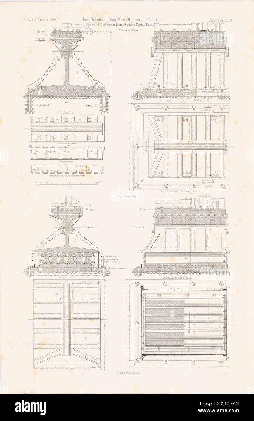 N.N., Überbrückung des Memeltals bei Tilsit. (Aus: Atlas zur Zeitschrift für Bauwesen, hrsg. v. G. Erbkam, Jg. 28, 1878) (1878-1878): Details Überbau. Stich auf Papier, 46 x 29,7 cm (einschließlich Scankanten) N.N. : Überbrückung des Memeltals bei Tilsit. (Aus: Atlas zur Zeitschrift für Bauwesen, hrsg. v. G. Erbkam, Jg. 28, 1878) Stockfoto