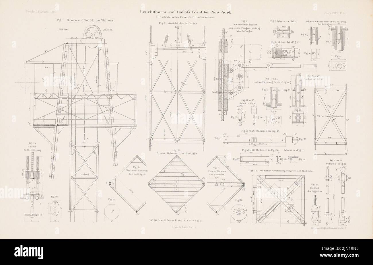 N.N., Leuchtturm am Hallet's Point, New York. (Aus: Atlas zur Zeitschrift für Gebäude, hrsg. v. F. Endell, Jg. 35, 1885.) (1885-1885): Ansicht, Details. Lithographie auf Papier, 29,2 x 45,6 cm (einschließlich Scankanten) N.N. : Leuchtturm auf Hallet´s Point, New York. (Aus: Atlas zur Zeitschrift für Bauwesen, hrsg. v. F. Endell, Jg. 35, 1885) Stockfoto