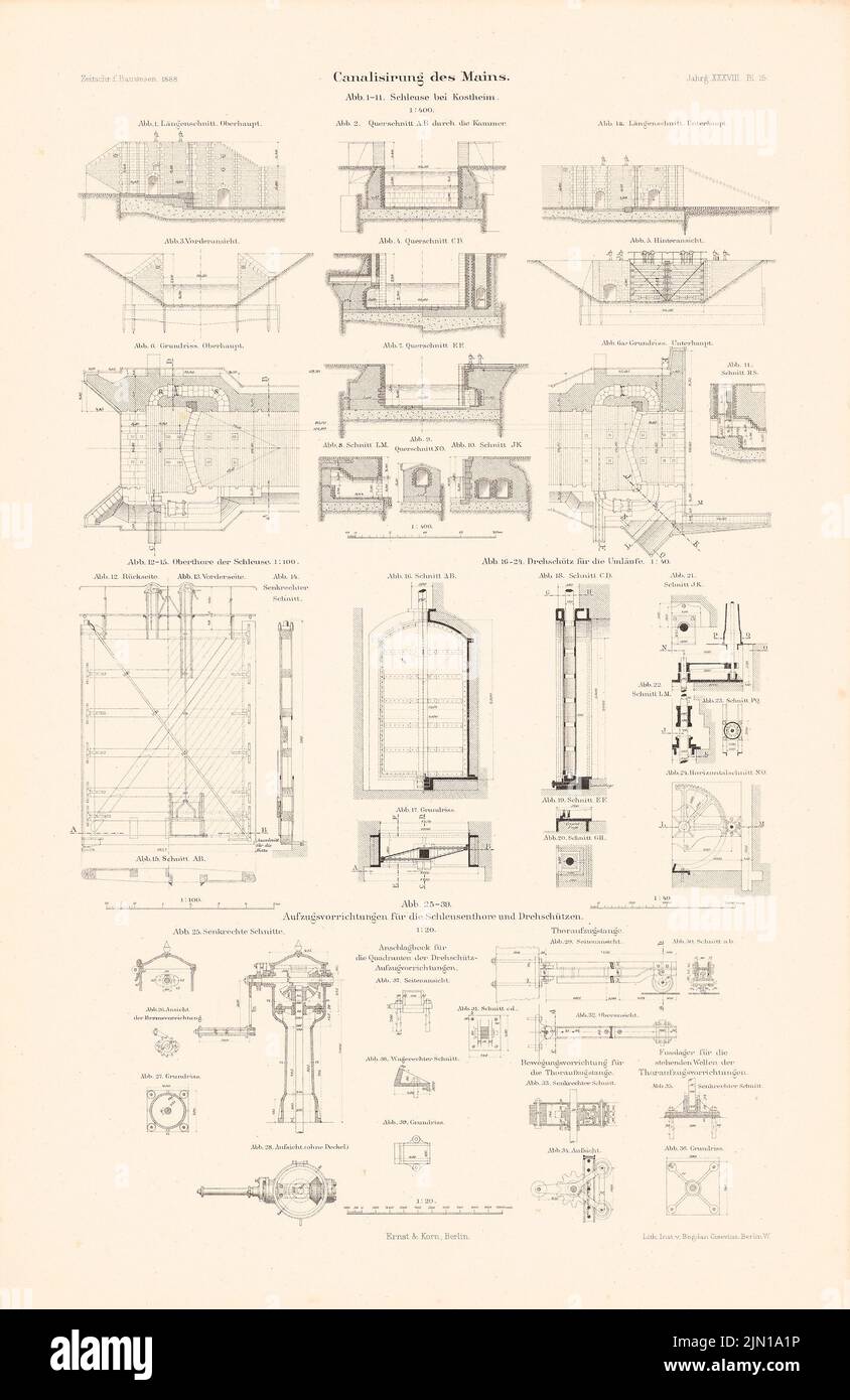 N.N., Kanalisierung des Mains. (Aus: Atlas zur Zeitschrift für Bauwesen, hrsg. v. G. Erbkam, Jg. 38, 1888) (1888-1888): Schnitte, Details. Lithographie auf Papier, 45,9 x 29,8 cm (einschließlich Scankanten) N.N. : Analyse des Mains. (Aus: Atlas zur Zeitschrift für Bauwesen, hrsg. v. G. Erbkam, Jg. 38, 1888) Stockfoto