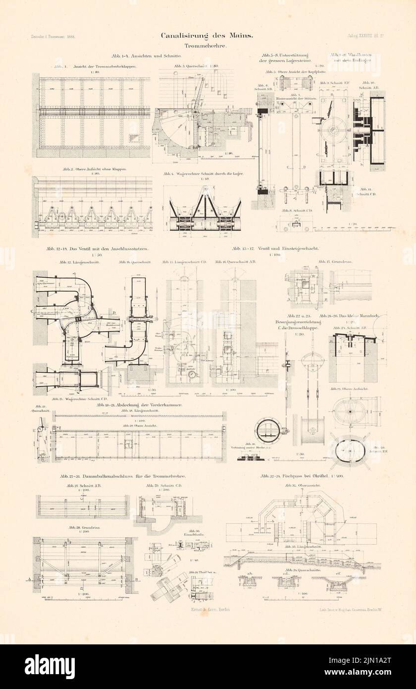 N.N., Kanalisierung des Mains. (Aus: Atlas zur Zeitschrift für Bauwesen, hrsg. v. G. Erbkam, Jg. 38, 1888) (1888-1888): Details. Lithographie auf Papier, 45,7 x 29,6 cm (einschließlich Scankanten) N.N. : Analyse des Mains. (Aus: Atlas zur Zeitschrift für Bauwesen, hrsg. v. G. Erbkam, Jg. 38, 1888) Stockfoto