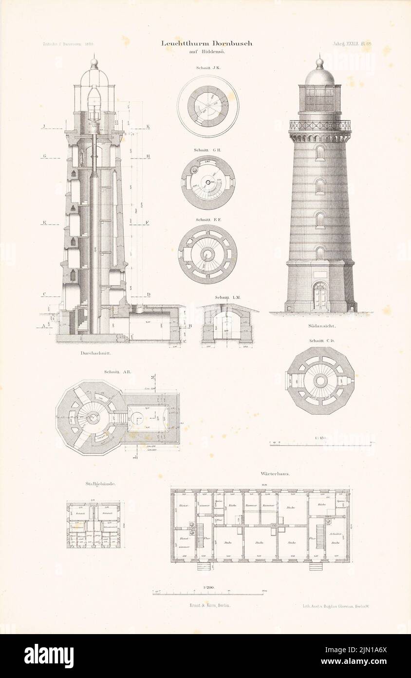 N.N., Leuchtturm Dornbusch, Hiddensee. (Aus: Atlas zur Zeitschrift für Bauwesen, Hrsg. v. Ministerium für öffentliche Arbeit, Jg. 39, 1889) (1889-1889): Grundrisse Wauterhaus, Stallgebäude, Ansicht, Querschnitt, horizontale Schnitte. Lithographie auf Papier, 45,7 x 29,7 cm (einschließlich Scankanten) N.N. : Leuchtturm Dornbusch, Hiddensee. (Aus: Atlas zur Zeitschrift für Bauwesen, hrsg. v. Ministerium der öffentlichen Arbeiten, Jg. 39, 1889) Stockfoto