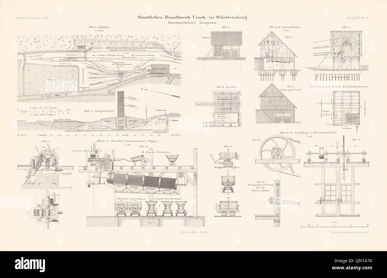 N.N., State Basal Werk, Urach. (Aus: Atlas zur Zeitschrift für Bauwesen, Hrsg. v. Ministerium für öffentliche Arbeit, Jg. 39, 1889) (1889-1889): Abteilung, Schnitte, Details. Lithographie auf Papier, 29,8 x 46 cm (einschließlich Scankanten) N.N. : Staatliches Basaltwerk, Urach. (Aus: Atlas zur Zeitschrift für Bauwesen, hrsg. v. Ministerium der öffentlichen Arbeiten, Jg. 39, 1889) Stockfoto