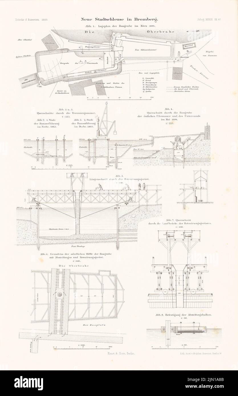 N.N., Neue Stadtschleuse, Bromberg. (Aus: Atlas zur Zeitschrift für Bauwesen, Hrsg. v. Ministerium für öffentliche Arbeit, Jg. 39, 1889) (1889-1889): Abteilung, Schnitte, Details. Lithographie auf Papier, 45,8 x 29,5 cm (einschließlich Scankanten) N.N. : Neue Stadtschleuse, Bromberg. (Aus: Atlas zur Zeitschrift für Bauwesen, hrsg. v. Ministerium der öffentlichen Arbeiten, Jg. 39, 1889) Stockfoto