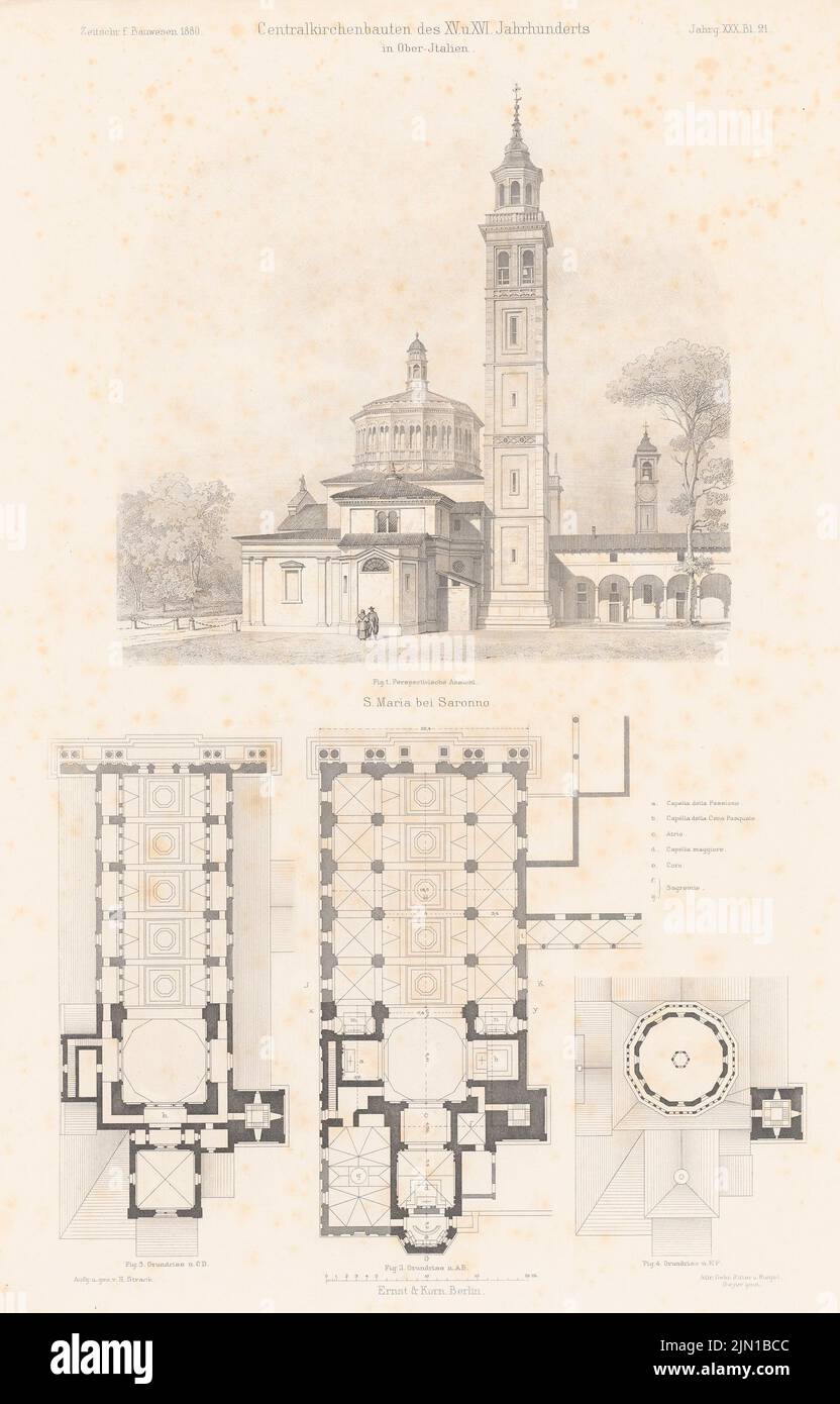 Strack Heinrich (1841-1912), S. Maria, Saronno. (Aus: Atlas zur Zeitschrift für Bauwesen, hrsg. v. G. Erbkam, Jg. 30, 1880) (1880-1880): Grundriß, Grundriß CD, Grundriß EF, Perspektivansicht. Stich auf Papier, 45,2 x 29 cm (inklusive Scankanten) Strack Heinrich (1841-1912): S. Maria, Saronno. (Aus: Atlas zur Zeitschrift für Bauwesen, hrsg. v. G. Erbkam, Jg. 30, 1880) Stockfoto