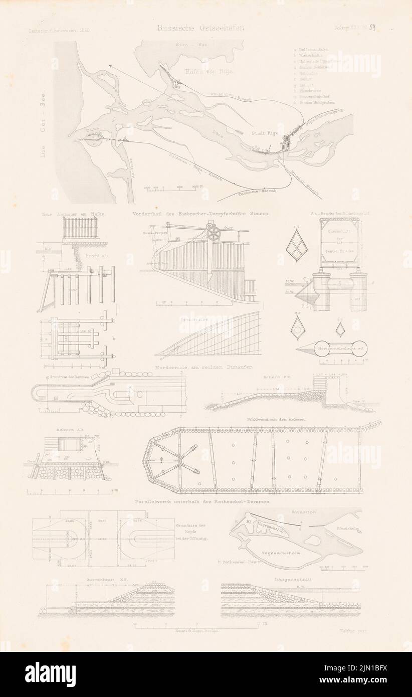 N.N., russische Ostseehäfen. (Aus: Atlas zur Zeitschrift für Bauwesen, hrsg. v. G. Erbkam, Jg. 30, 1880) (1880-1880): Lagepläne, Details. Stich auf Papier, 45,2 x 28,6 cm (einschließlich Scankanten) N.N. : Russische Ostseehäfen. (Aus: Atlas zur Zeitschrift für Bauwesen, hrsg. v. G. Erbkam, Jg. 30, 1880) Stockfoto