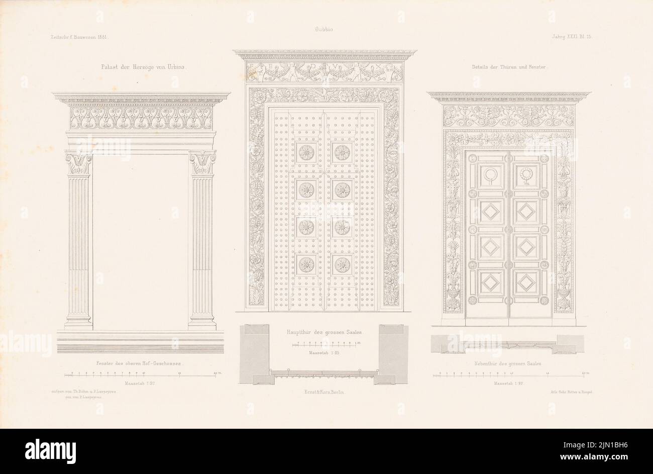 Böhm Th., Stadtpalais, Gubbio. (Aus: Atlas zur Zeitschrift für Gebäude, hrsg. v. F. Endell, Jg. 31, 1881) (1881-1881): Ansichten von Fenstern und Türen. Druck auf Papier, 29,7 x 45,2 cm (inklusive Scankanten) Böhm Th. : Stadtpalais, Gubbio. (Aus: Atlas zur Zeitschrift für Bauwesen, hrsg. v. F. Endell, Jg. 31, 1881) Stockfoto