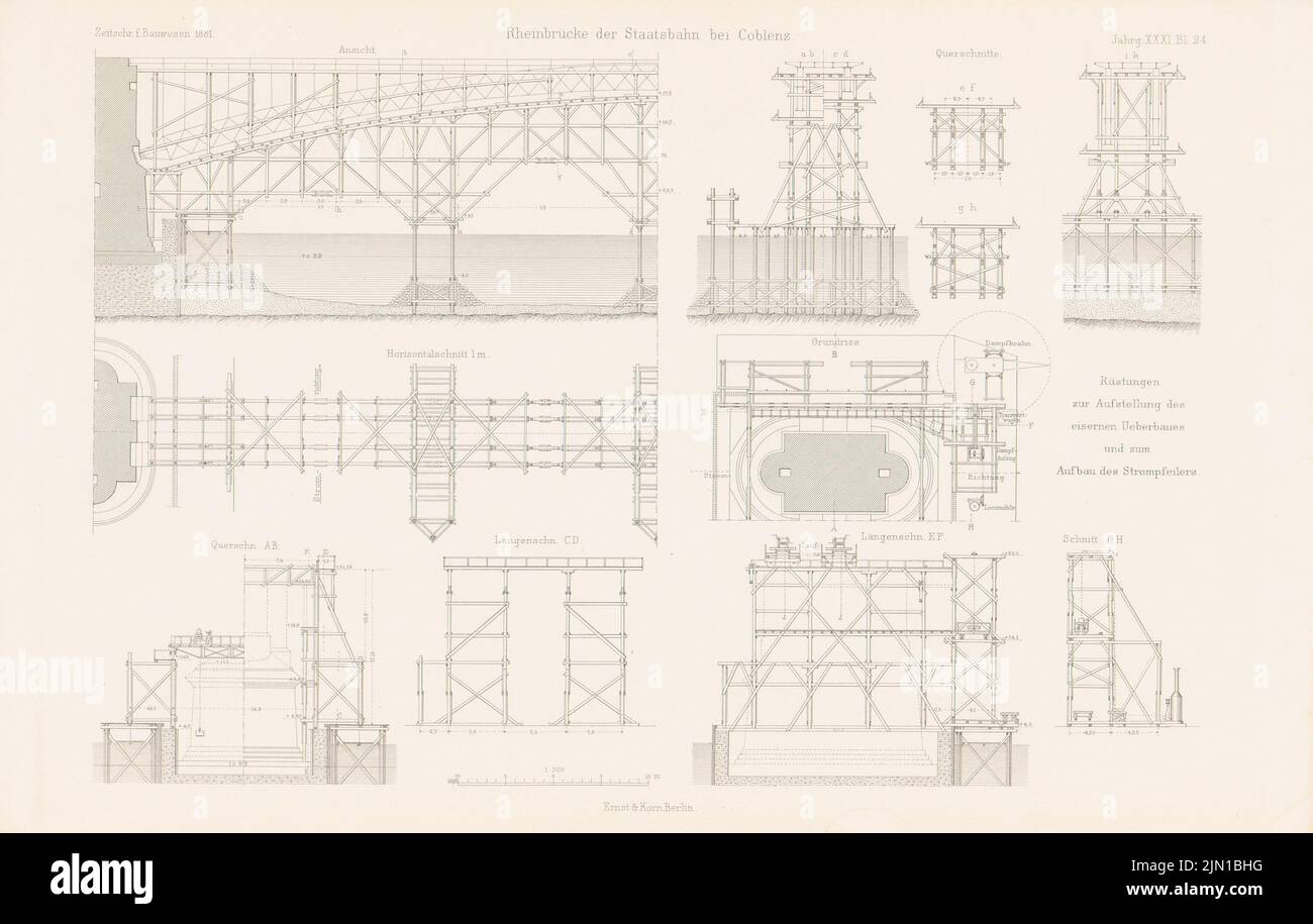 N.N., Rheinbrücke, Koblenz. (Aus: Atlas zur Zeitschrift für Gebäude, hrsg. v. F. Endell, Jg. 31, 1881) (1881-1881): Ansichten, Schnitte, Details. Druck auf Papier, 28,7 x 45,2 cm (einschließlich Scankanten) N.N. : Rheinbrücke, Koblenz. (Aus: Atlas zur Zeitschrift für Bauwesen, hrsg. v. F. Endell, Jg. 31, 1881) Stockfoto