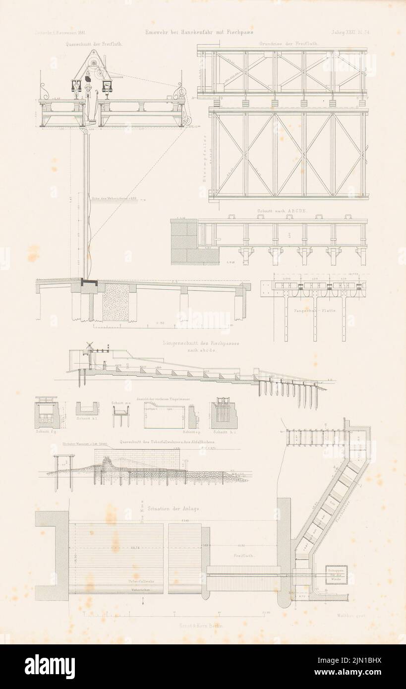 N.N., Emswehr mit Fischpass, Hanekenfähr. (Aus: Atlas zur Zeitschrift für Gebäude, hrsg. v. F. Endell, geboren 31, 1881) (1881-1881): Lageplan, Grundriß, Schnitte, Details. Stich auf Papier, 45,4 x 28,6 cm (einschließlich Scankanten) N.N. : Emswehr mit Fischpass, Hanekenfähr. (Aus: Atlas zur Zeitschrift für Bauwesen, hrsg. v. F. Endell, Jg. 31, 1881) Stockfoto