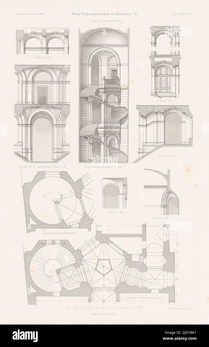 N.N., Königliches Regierungsgebäude, Königsberg. (Aus: Atlas zur Zeitschrift für Gebäude, hrsg. v. F. Endell, Jg. 31, 1881) (1881-1881): Details. Druck auf Papier, 45,5 x 29,3 cm (inklusive Scankanten) Endell Karl Friedrich (1843-1891): Königliche Regierungsgebäude, Königsberg. (Aus: Atlas zur Zeitschrift für Bauwesen, hrsg. v. F. Endell, Jg. 31, 1881) Stockfoto