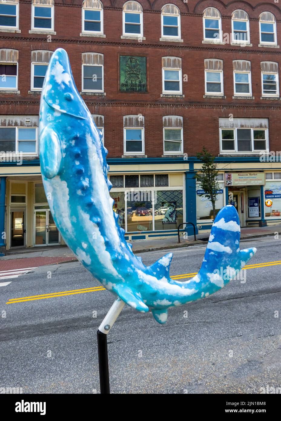 Stör Fiberglas Fisch Kunstprojekt entlang der Wasserstraße in der Innenstadt von Augusta Maine Stockfoto