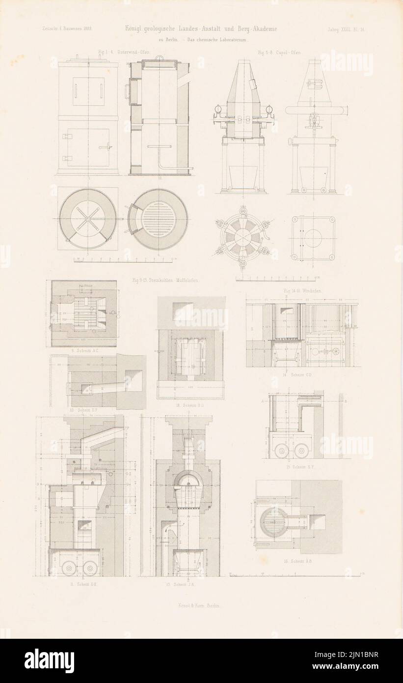 N.N., Royal Geological State Institute und Bergakademie, Berlin. (Aus: Atlas zur Zeitschrift für Bauwesen, hrsg. v. G. Erbkam, Jg. 32, 1882) (1882-1882): Details Chemical Laboratory. Druck auf Papier, 45,7 x 28,9 cm (inklusive Scankanten) Tiede August (1834-1911): Königlich Geologische Landesanstalt und Bergakademie, Berlin. (Aus: Atlas zur Zeitschrift für Bauwesen, hrsg. v. G. Erbkam, Jg. 32, 1882) Stockfoto