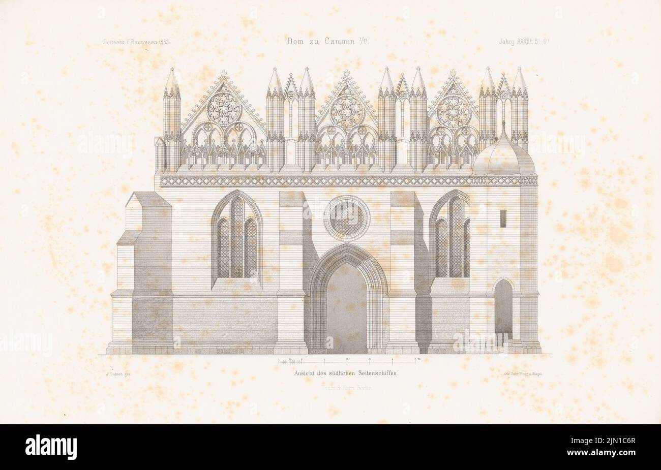 Lutsch H., Kathedrale, Cammin. (Aus: Atlas zur Zeitschrift für Gebäude, Hrsg. v. L.v.TIEDEMANN, Jg. 33, 1883) (1883-1883): Blick nach Süden. Druck auf Papier, 29,1 x 45,3 cm (einschließlich Scankanten) Lutsch H. : Dom, Cammin. (Aus: Atlas zur Zeitschrift für Bauwesen, hrsg. v. L.v.Tiedemann, Jg. 33, 1883) Stockfoto