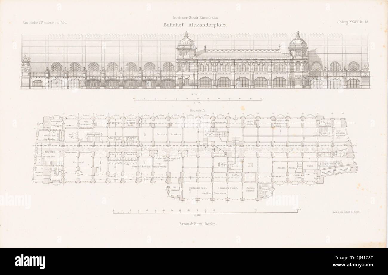 N.N., Alexanderplatz Bahnhof, Berlin. (Aus: Atlas zur Zeitschrift für Bauwesen, hrsg. v. G. Erbkam, Jg. 34, 1884.) (1884-1884): Grundriß, Aussicht. Stich auf Papier, 29,5 x 46,1 cm (inklusive Scan-Kanten) Jacobsthal Johann Eduard (1839-1902): Bahnhof Alexanderplatz, Berlin. (Aus: Atlas zur Zeitschrift für Bauwesen, hrsg. v. G. Erbkam, Jg. 34, 1884) Stockfoto