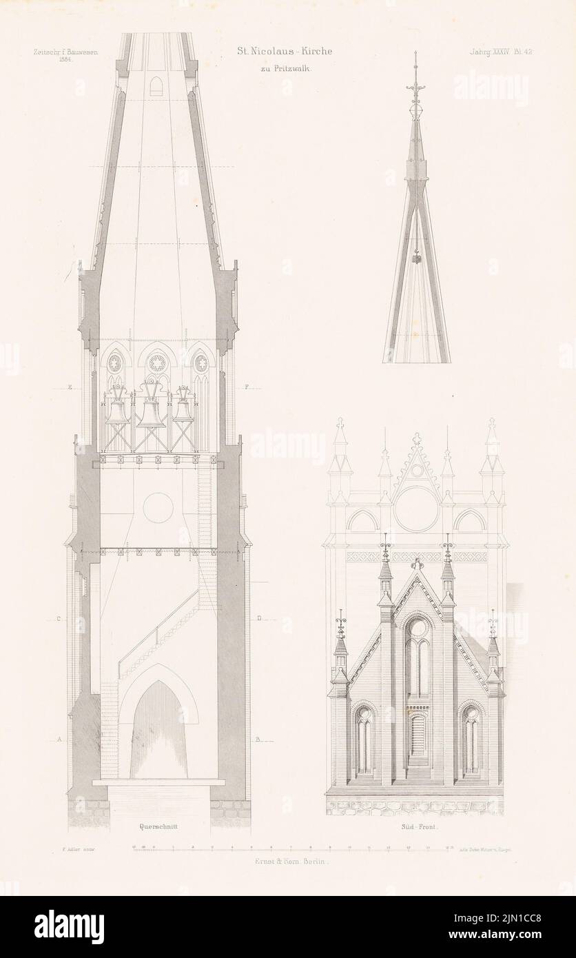 Adler Friedrich (1827-1908), St. Nicolaus-Kirche, Pritzwalk. (Aus: Atlas zur Zeitschrift für Bauwesen, hrsg. v. G. Erbkam, Jg. 34, 1884.) (1884-1884): Blick von Süden, Querschnitt, Detail. Druck auf Papier, 45 x 29 cm (inklusive Scankanten) Adler Friedrich (1827-1908): St. Nicolaus-Kirche, Pritzwalk. (Aus: Atlas zur Zeitschrift für Bauwesen, hrsg. v. G. Erbkam, Jg. 34, 1884) Stockfoto