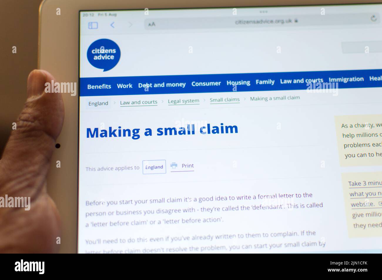 Small Claims Beratung auf der Website der Ratschlag-Website Stockfoto