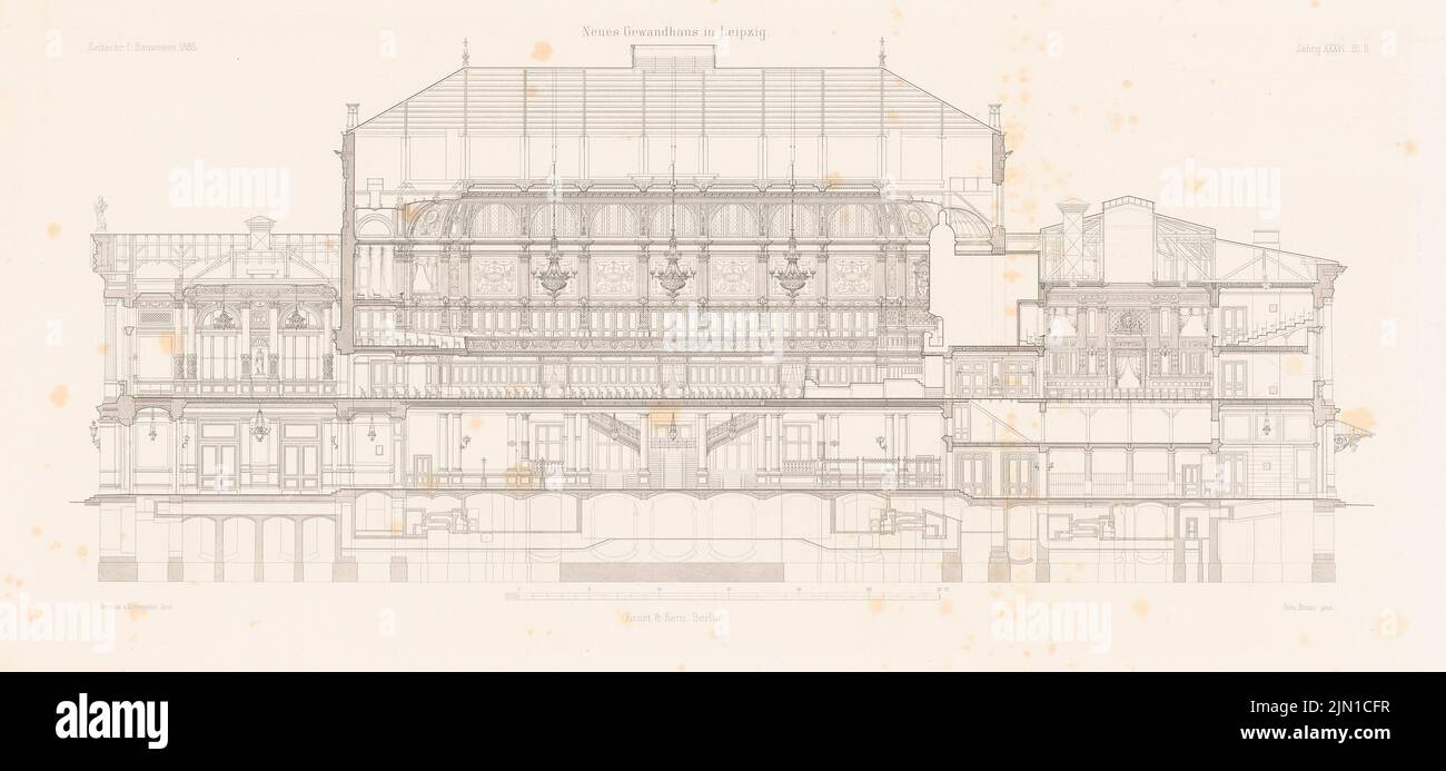 Gropius & Schmieden, neues Gewandhaus, Leipzig. (Aus: Atlas zur Zeitschrift für Gebäude, hrsg. v. L.v.tiemann, Jg. 36, 1886) (1886-1886): Längsschnitt. Stich auf Papier, 28,9 x 62,3 cm (inklusive Scan-Kanten) Gropius & Schmieden : Neues Gewandhaus, Leipzig. (Aus: Atlas zur Zeitschrift für Bauwesen, hrsg. v. L.v.Tiedemann, Jg. 36, 1886) Stockfoto