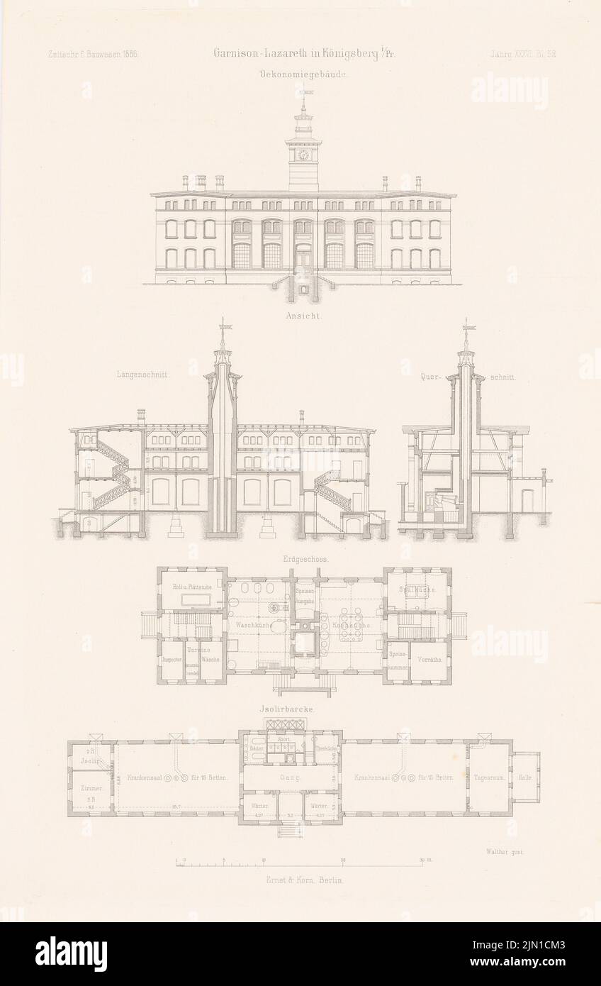 N.N., Garnisonskrankenhaus, Königsberg. (Aus: Atlas zur Zeitschrift für Bauen, Hrsg. v. L.v.tiemann, Jg. 36, 1886) (1886-1886): Grundriss EG, Ansicht, Längsschnitt, Querschnitt des Bauernhauses, Grundriss isolierbar. Stich auf Papier, 45,4 x 29,6 cm (einschließlich Scankanten) N.N. : Garnison-Lazarett, Königsberg. (Aus: Atlas zur Zeitschrift für Bauwesen, hrsg. v. L.v.Tiedemann, Jg. 36, 1886) Stockfoto