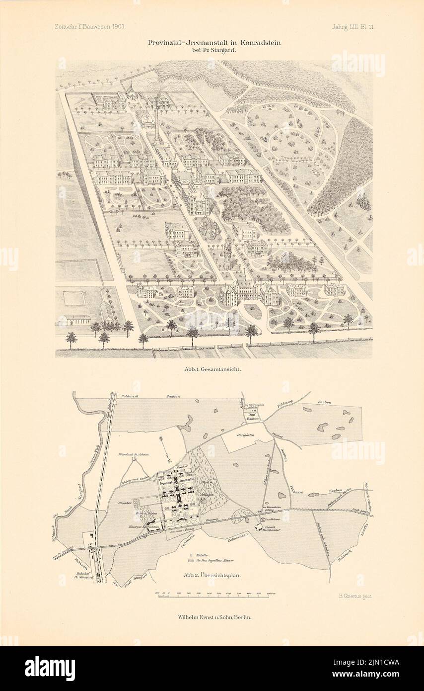 N.N., Provincial IRRENANIST in Conradstein. (Aus: Atlas zur Zeitschrift für Bauwesen, Hrsg. v. Ministerium für öffentliche Arbeiten, Jg. 53, 1903) (1903-1903): Je nach Plan, perspektivische Ansicht. Stich auf Papier, 44,9 x 29,5 cm (einschließlich Scankanten) N.N. : Provinzial-Irrenanstalt, Conradstein. (Aus: Atlas zur Zeitschrift für Bauwesen, hrsg. v. Ministerium der öffentlichen Arbeiten, Jg. 53, 1903) Stockfoto