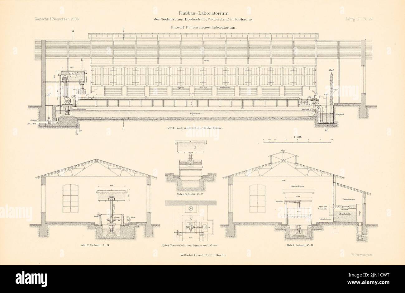 N.N., Flussbaulabor, Karlsruhe. (Aus: Atlas zur Zeitschrift für Bauwesen, Hrsg. v. Ministerium für öffentliche Arbeit, Jg. 53, 1903) (1903-1903): Kürzungen. Stich auf Papier, 29,4 x 44,8 cm (einschließlich Scankanten) N.N. : Flussbau-Laboratorium, Karlsruhe. (Aus: Atlas zur Zeitschrift für Bauwesen, hrsg. v. Ministerium der öffentlichen Arbeiten, Jg. 53, 1903) Stockfoto