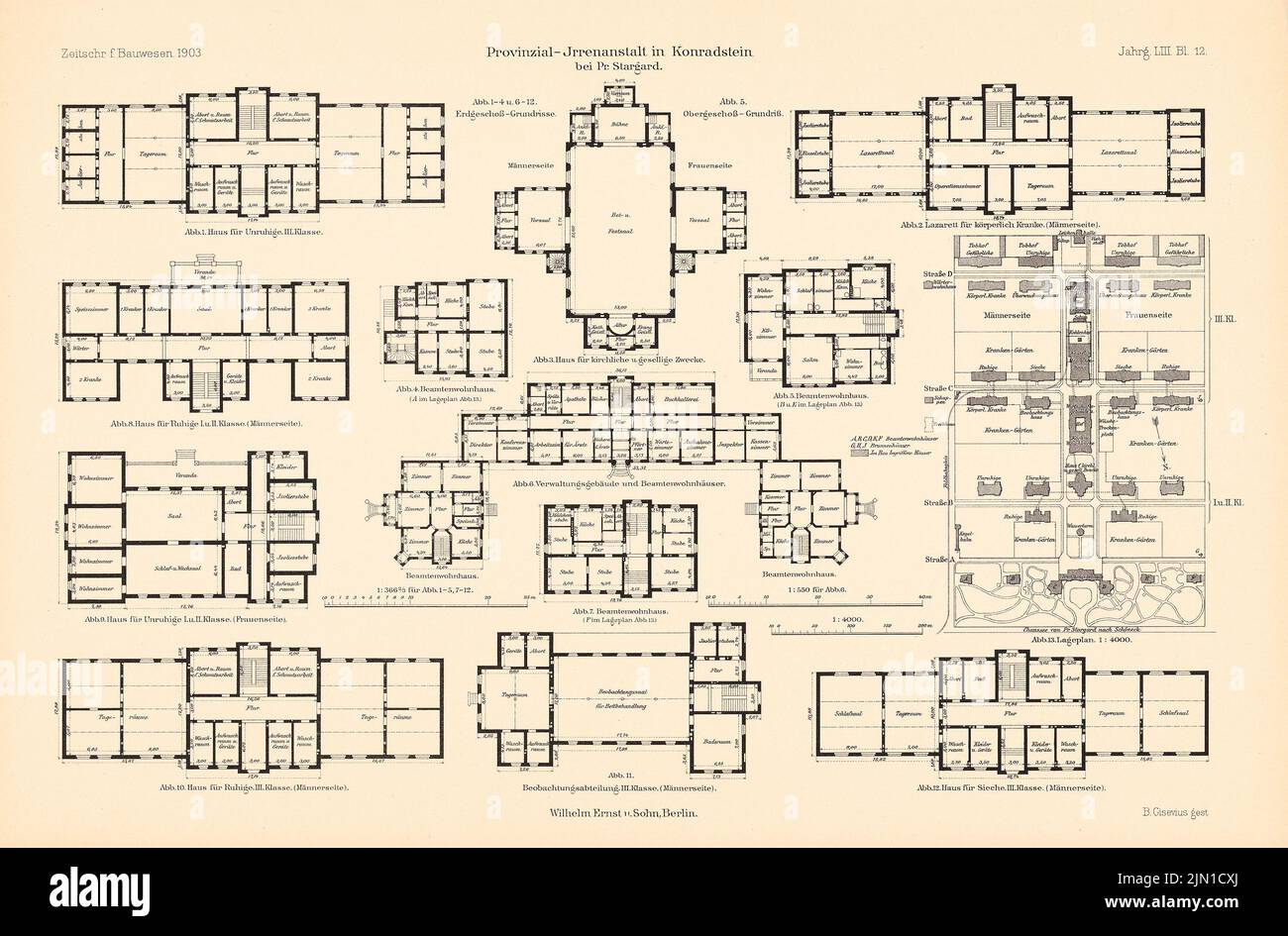 N.N., Provincial IRRENANIST in Conradstein. (Aus: Atlas zur Zeitschrift für Bauwesen, Hrsg. v. Ministerium für öffentliche Arbeit, Jg. 53, 1903) (1903-1903): Grundriß. Stich auf Papier, 29,5 x 44,8 cm (einschließlich Scankanten) N.N. : Provinzial-Irrenanstalt, Conradstein. (Aus: Atlas zur Zeitschrift für Bauwesen, hrsg. v. Ministerium der öffentlichen Arbeiten, Jg. 53, 1903) Stockfoto