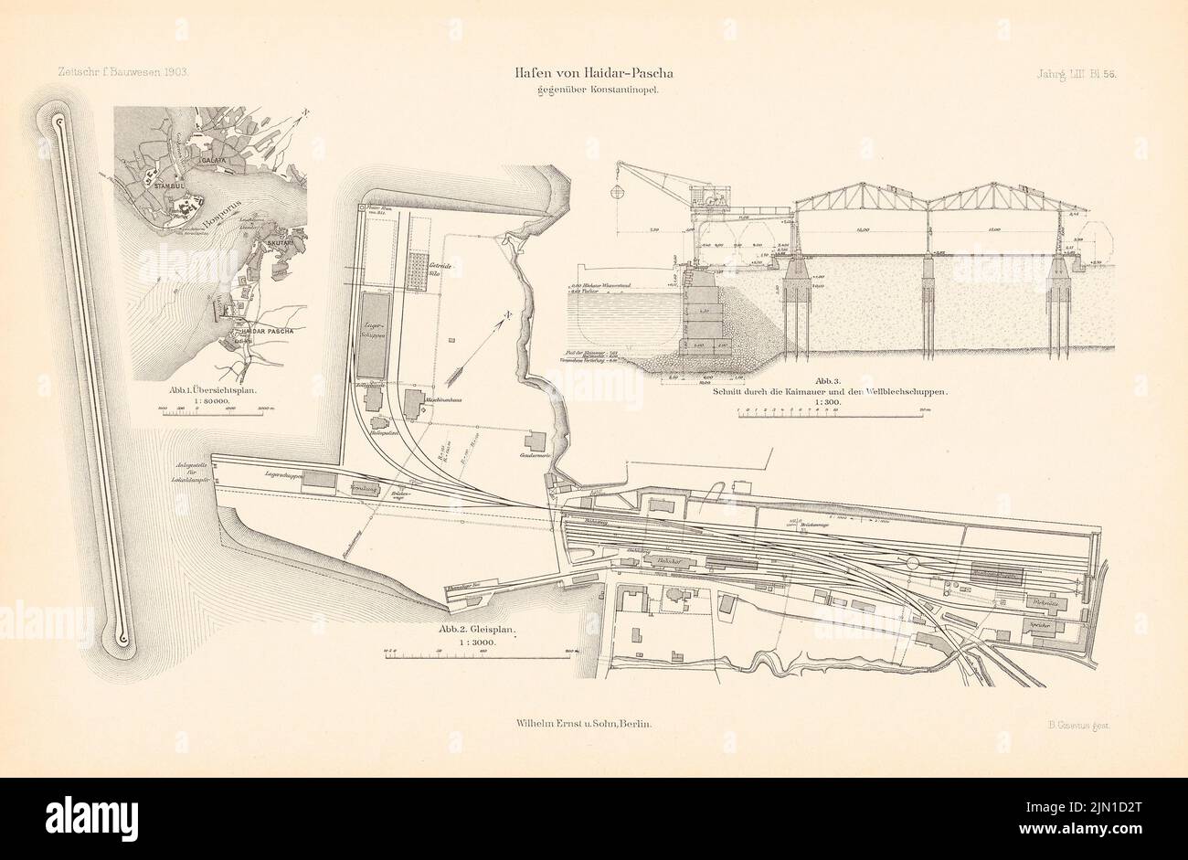 N.N., Hafen, Haidar-Pascha. (Aus: Atlas zur Zeitschrift für Bauwesen, Hrsg. v. Ministerium für öffentliche Arbeit, Jg. 53, 1903) (1903-1903): Standort, geschnitten. Stich auf Papier, 29,4 x 44,9 cm (einschließlich Scankanten) N.N. : Hafen, Haidar-Pascha. (Aus: Atlas zur Zeitschrift für Bauwesen, hrsg. v. Ministerium der öffentlichen Arbeiten, Jg. 53, 1903) Stockfoto