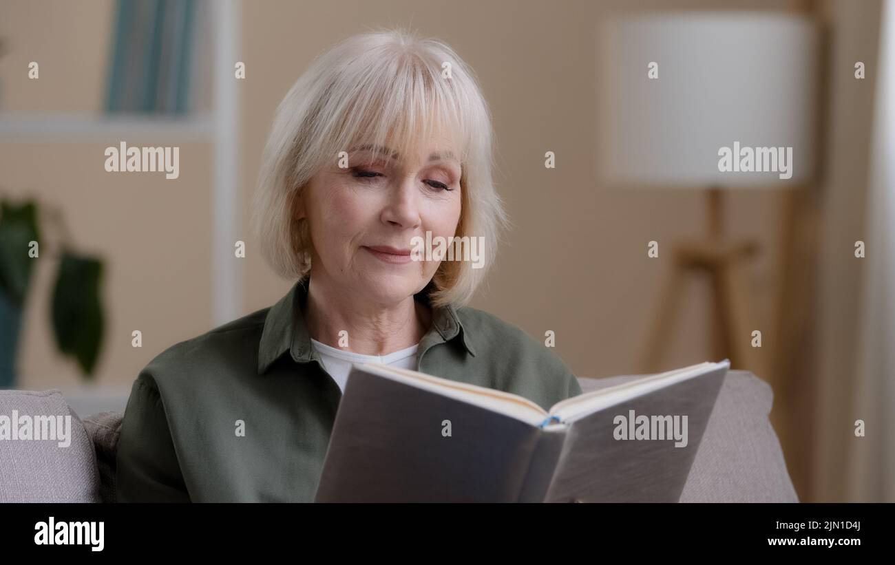 Inspirierte verträumte kaukasische alte Frau ältere Dame ältere Großmutter sitzt auf dem Sofa entspannen zu Hause Lesen Buch Roman Literatur lernen älter Stockfoto