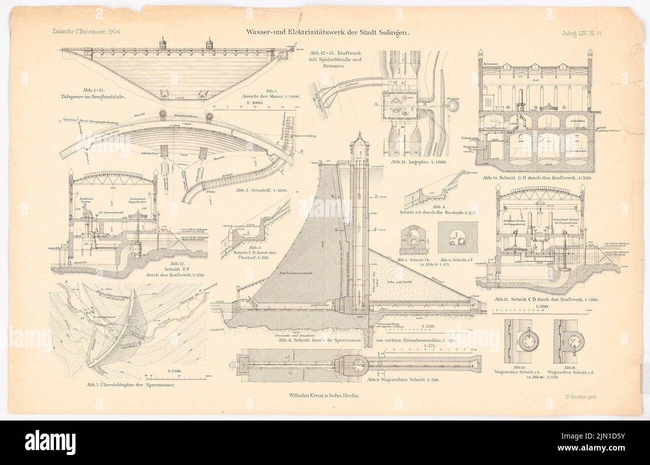 N.N., Wasser- und Elektrizitätswerk, Solingen. (Aus: Atlas zur Zeitschrift für Bauwesen, Hrsg. v. Ministerium für öffentliche Arbeit, Jg. 54, 1904) (1904-1904): Lageplan, Grundriß, Schnitte, Details. Stich auf Papier, 30,7 x 47,4 cm (einschließlich Scankanten) N.N. : Wasser- und Elektrizitätswerk, Solingen. (Aus: Atlas zur Zeitschrift für Bauwesen, hrsg. v. Ministerium der öffentlichen Arbeiten, Jg. 54, 1904) Stockfoto