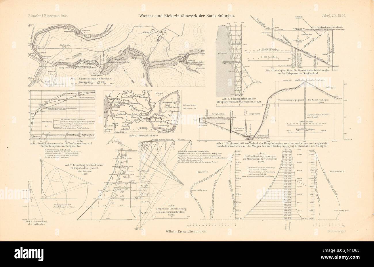 N.N., Wasser- und Elektrizitätswerk, Solingen. (Aus: Atlas zur Zeitschrift für Bauwesen, Hrsg. v. Ministerium für öffentliche Arbeiten, Jg. 54, 1904) (1904-1904): Schnittpläne, Schnittpläne, Grafiken. Stich auf Papier, 29,9 x 46,3 cm (einschließlich Scankanten) N.N. : Wasser- und Elektrizitätswerk, Solingen. (Aus: Atlas zur Zeitschrift für Bauwesen, hrsg. v. Ministerium der öffentlichen Arbeiten, Jg. 54, 1904) Stockfoto