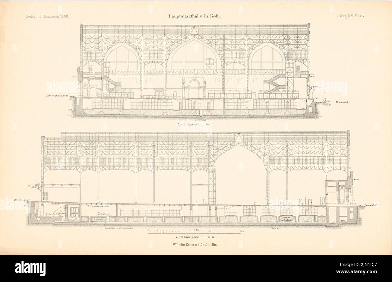 N.N., Hauptmarkthalle, Köln. (Aus: Atlas zur Zeitschrift für Bauwesen, Hrsg. v. Ministerium für öffentliche Arbeit, Jg. 56, 1906) (1906-1906): Querschnitt BB, Längsschnitt aa. Druck auf Papier, 29,9 x 45,9 cm (einschließlich Scankanten) N.N. : Hauptmarkthalle, Köln. (Aus: Atlas zur Zeitschrift für Bauwesen, hrsg. v. Ministerium der öffentlichen Arbeiten, Jg. 56, 1906) Stockfoto