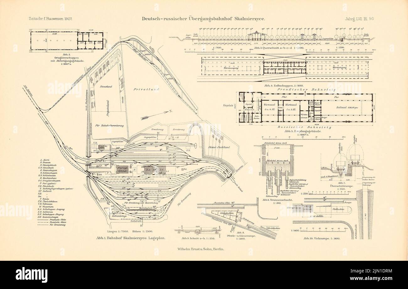 N.N., deutsch-russische Übergangsstation, skalmierzyce. (Aus: Atlas zur Zeitschrift für Bauwesen, Hrsg. v. Ministerium für öffentliche Arbeit, Jg. 57, 1 (1907-1907): Lageplan, Grundrisse. Druck auf Papier, 29,5 x 46,1 cm (inkl. Scan-Kanten) N.N. : Deutsch-Russischer Übergangsbahnhof, Skalmierzyce. (Aus: Atlas zur Zeitschrift für Bauwesen, hrsg. v. Ministerium der öffentlichen Arbeiten, Jg. 57, 1907) Stockfoto