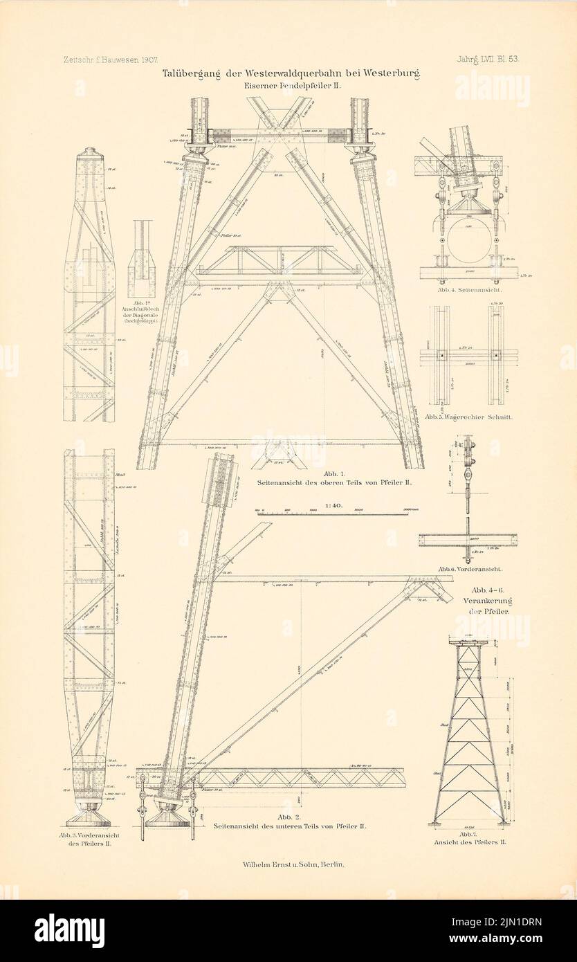 N.N., Taldurchfahrt der Westerwaldquerbahn, Westerburg. (Aus: Atlas zur Zeitschrift für Bauwesen, Hrsg. v. Ministerium für öffentliche Arbeit, Jg. 57, 1907 (1907-1907): Details Säulen. Druck auf Papier, 46,4 x 29,8 cm (inkl. Scan-Kanten) N.N. : Talübergang der Westerwaldquerbahn, Westerburg. (Aus: Atlas zur Zeitschrift für Bauwesen, hrsg. v. Ministerium der öffentlichen Arbeiten, Jg. 57, 1907) Stockfoto