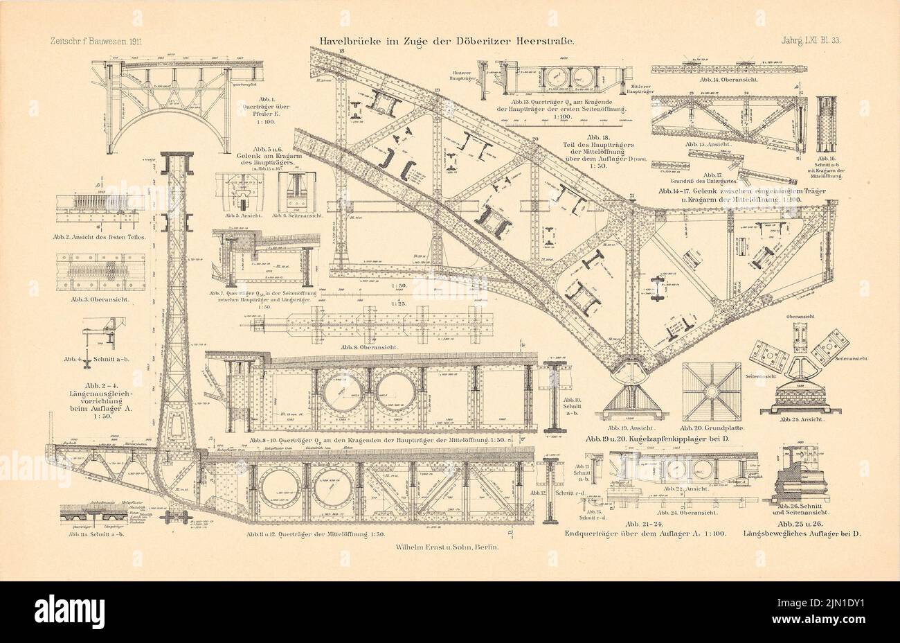 N.N., Havelbrücke, Berlin-Spandau. (Aus: Atlas zur Zeitschrift für Bauwesen, Hrsg. v. Ministerium für öffentliche Arbeit, Jg. 61, 1911) (1911-1911): Details. Druck auf Papier, 29,9 x 46,3 cm (einschließlich Scankanten) N.N. : Havelbrücke, Berlin-Spandau. (Aus: Atlas zur Zeitschrift für Bauwesen, hrsg. v. Ministerium der öffentlichen Arbeiten, Jg. 61, 1911) Stockfoto