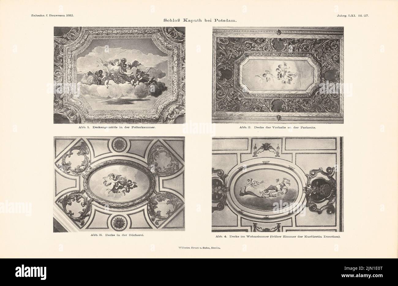 Chiese Philip de (1629-1679), Castle, Caputh. (Aus: Atlas zur Zeitschrift für Bauwesen, Hrsg. v. Ministerium für öffentliche Arbeit, Jg. 61, 1911) (1911-1911): Details Deckenmalerei Polterkammer, Bibliothek, Prävarian, Wohnzimmer. Druck auf Papier, 29,9 x 46,1 cm (einschließlich Scankanten) Chiese Philip de (1629-1679): Schloss, Caputh. (Aus: Atlas zur Zeitschrift für Bauwesen, hrsg. v. Ministerium der öffentlichen Arbeiten, Jg. 61, 1911) Stockfoto