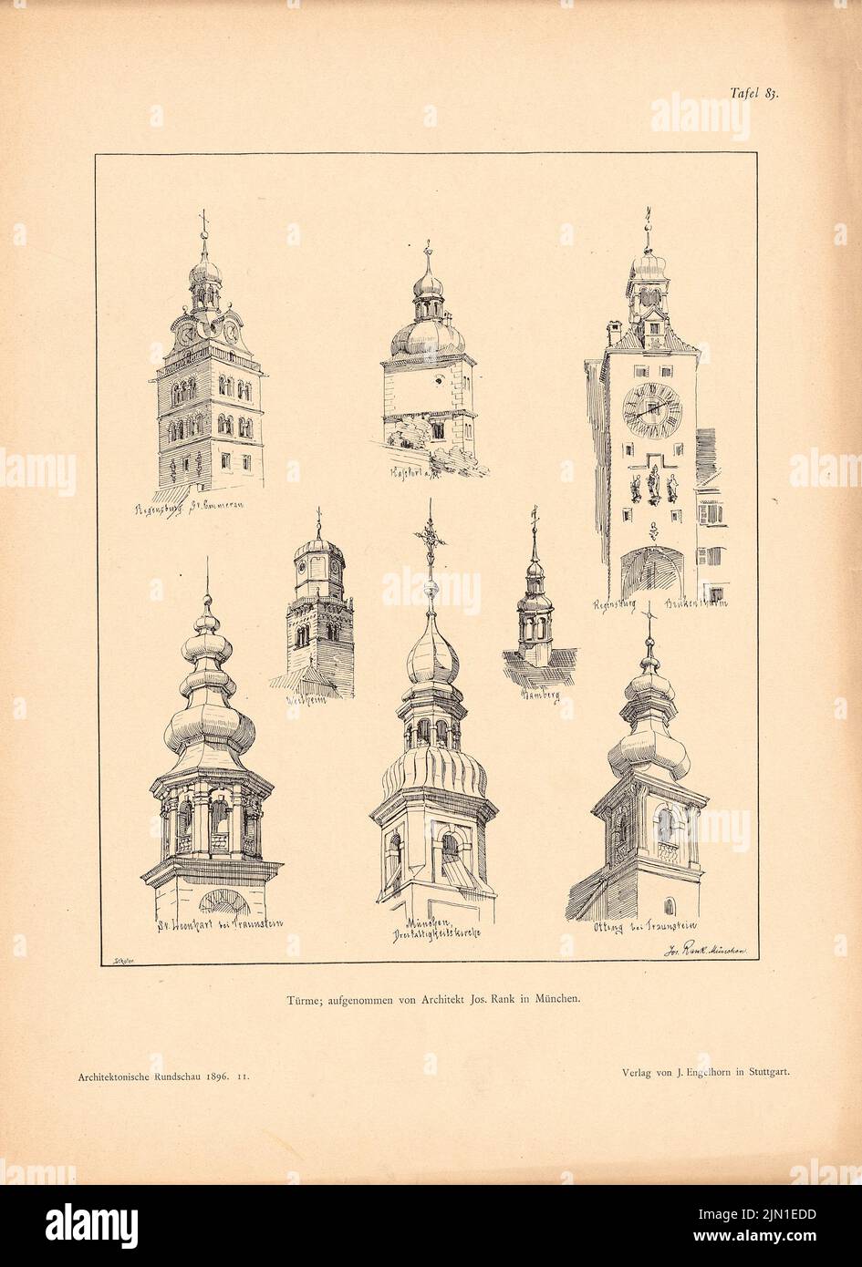 Rank Josef, Turmhelme, Regensburg, Bamberg, München, Traunstein. (Von: Architekt. Rundschau, hrsg. v. Eisenlohr & Weigle, 1896) (1896-1896): Perspective Views. Druck auf Papier, 39,2 x 28,5 cm (inklusive Scankanten) Rank Josef : Turmhelme, Regensburg, Bamberg, München, Traunstein. (Aus: Architekt. Rundschau, hrsg. v. Eisenlohr & Weigle, 1896) Stockfoto