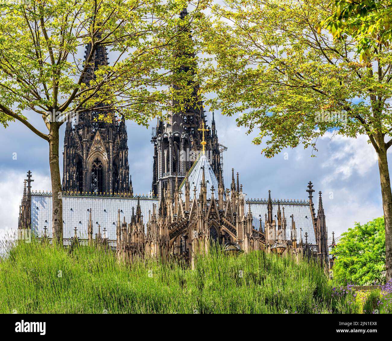 Köln, Deutschland - 14 Jun 2019 - Rückseite des Kölner Doms umgeben von Bäumen Stockfoto