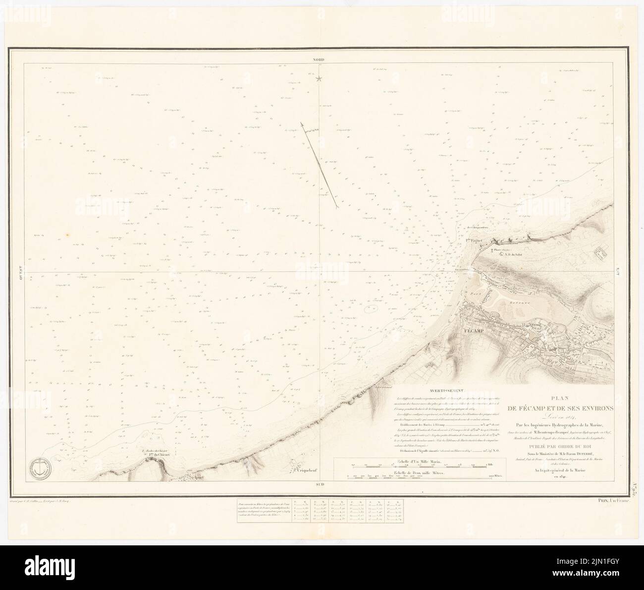 N.N., Seekarte Cotes de France (1834): Seekarte Hafen Fecamp und Umgebung, Scale Bar. Drucken auf Papier, 52,1 x 61,6 cm (einschließlich Scankanten) N.N. : Seekarte Cotes de France Stockfoto