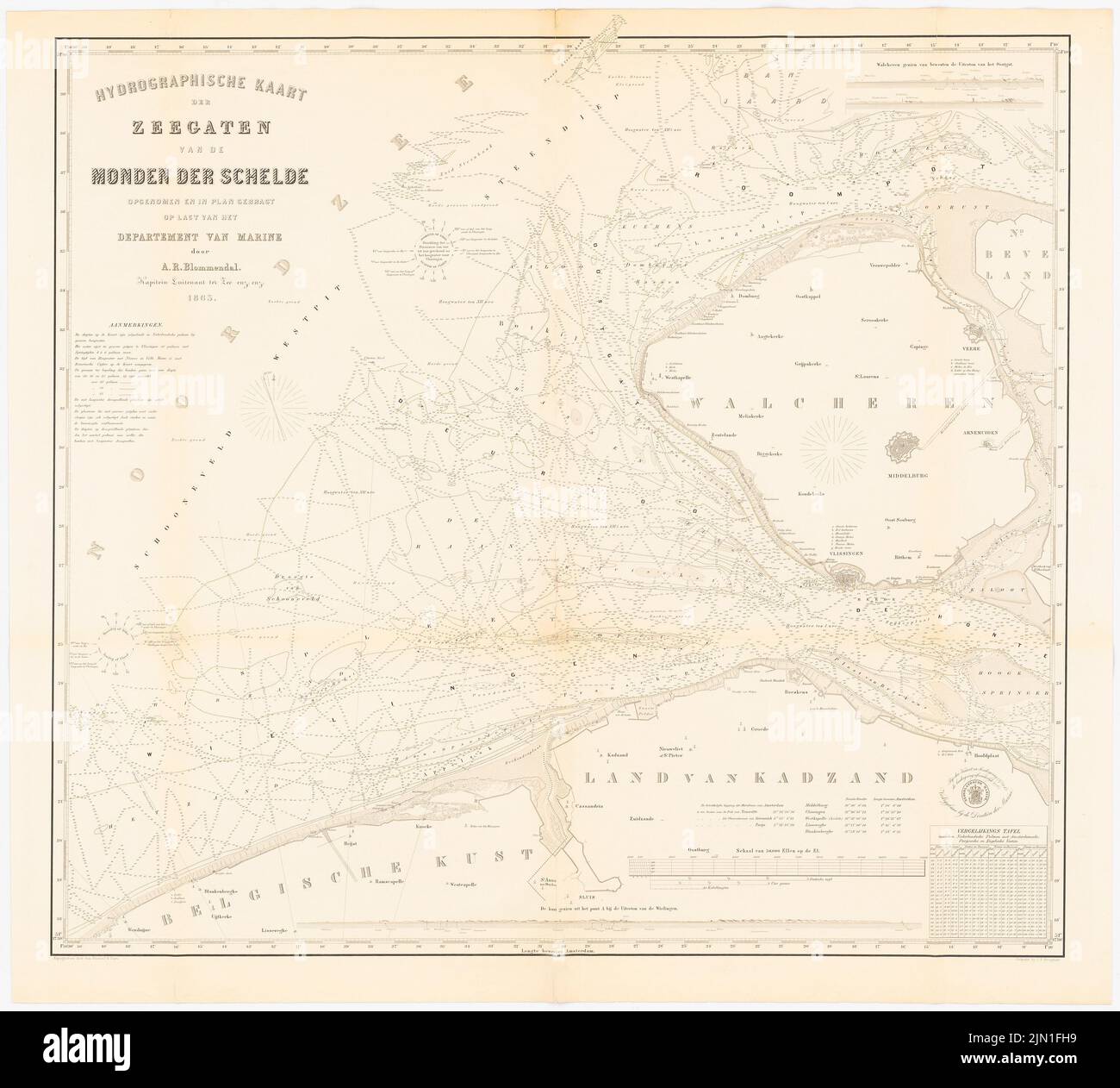 N.N., Hydrographische Karte von Zeeland (1865): Seekarte der Schelde-Gewässer vor Walcheren, Maßstabsbalken. Drucken auf Papier, 93,4 x 103,5 cm (einschließlich Scankanten) N.N. : Hydrografische Karte von Zeeland Stockfoto