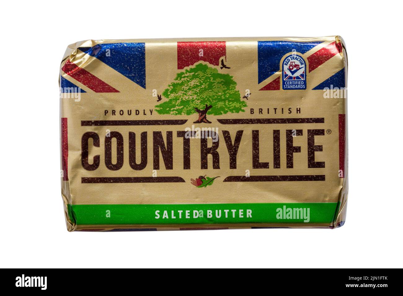 Pack Country Life gesalzene Butter stolz britischen isoliert auf weißem Hintergrund - roten Traktor zertifiziert Standards Stockfoto