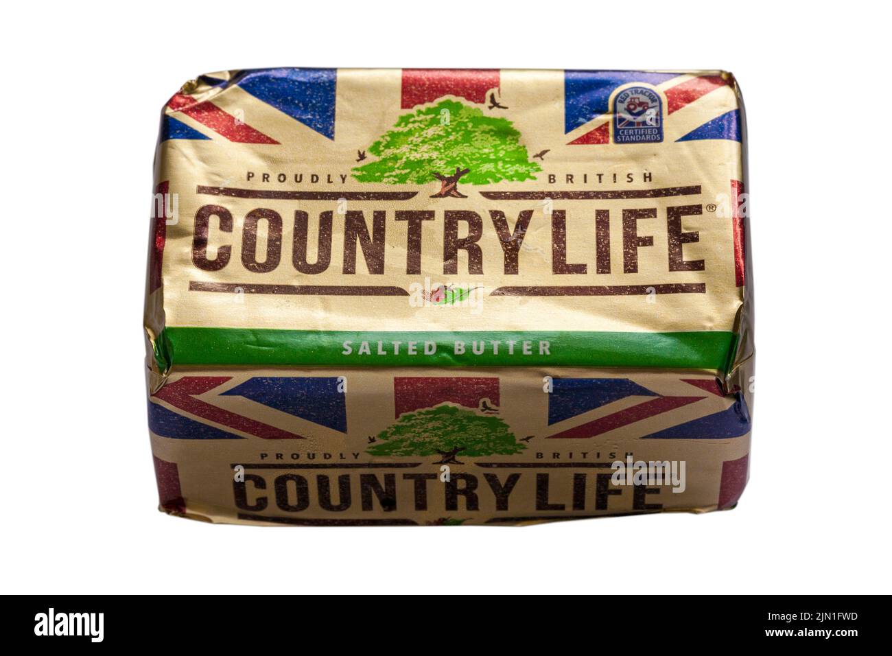 Pack Country Life gesalzene Butter stolz britischen isoliert auf weißem Hintergrund - roten Traktor zertifiziert Standards Stockfoto
