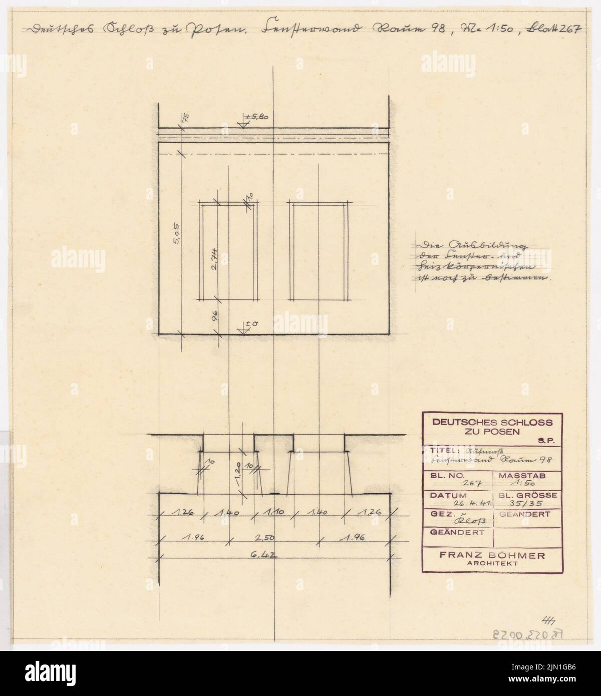 Böhmer Franz (1907-1943), Schloss Posen, Posen (1939-1943): Planinhalt N.N. entdeckt. Material/Technologie N.N. Aufgenommen, 36,2 x 33,5 cm (inklusive Scan-Kanten) Böhmer & Petrich : Schloss Posen, Posen. Umbau Stockfoto