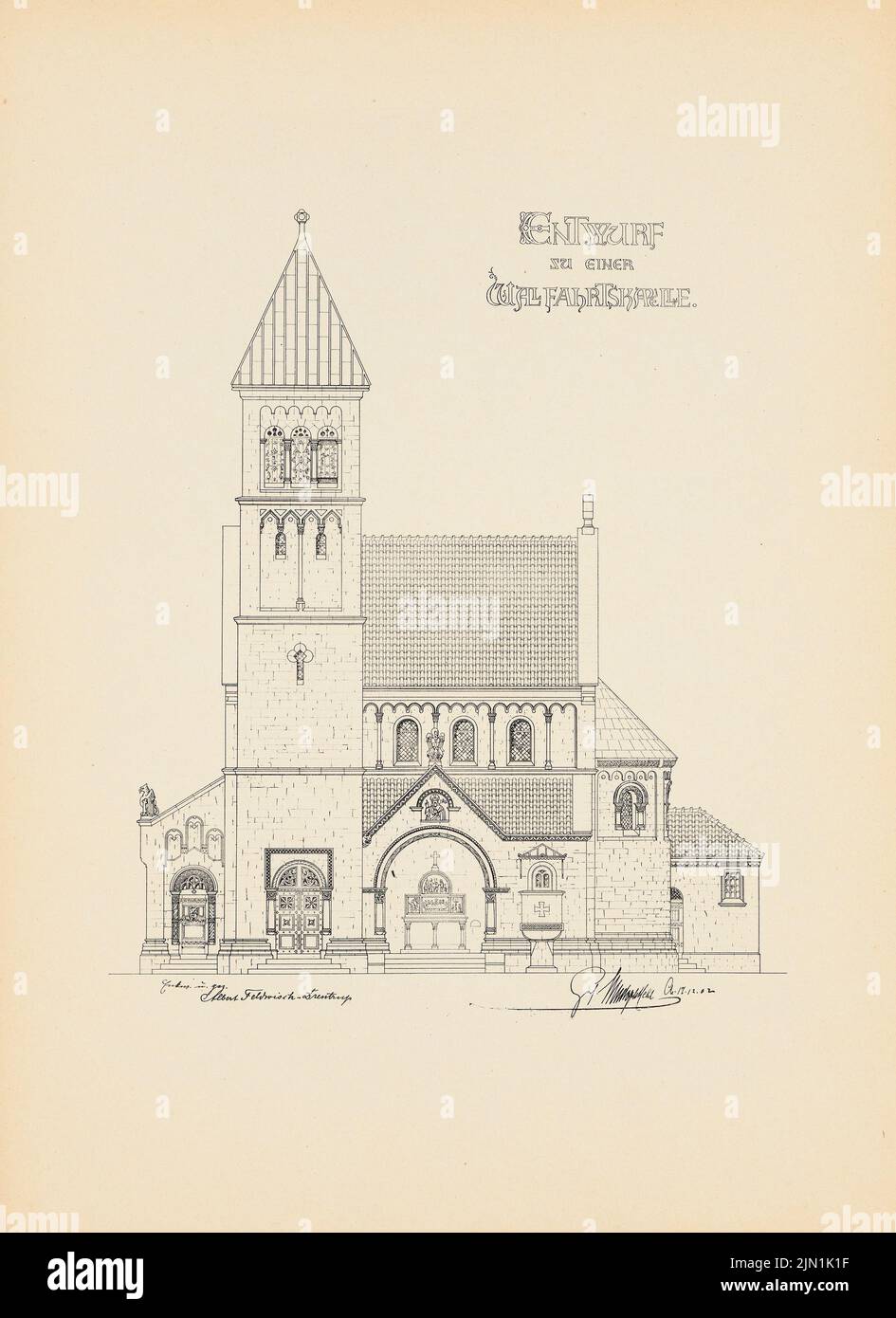 Feldwisch-Drentrup Albert, Wallfahrtskirche. (Aus: Drucke von Seminararbeiten der Königlichen Technischen Universität Berlin, Vol. III) (1902): Cut. Druck auf Papier, 32,2 x 23,4 cm (inklusive Scankanten) Feldwisch-Drentrup Albert : Wallfahrtskirche. (Aus: Drucke von Seminararbeiten der Königlich Technischen Hochschule Berlin, Bd. III) Stockfoto