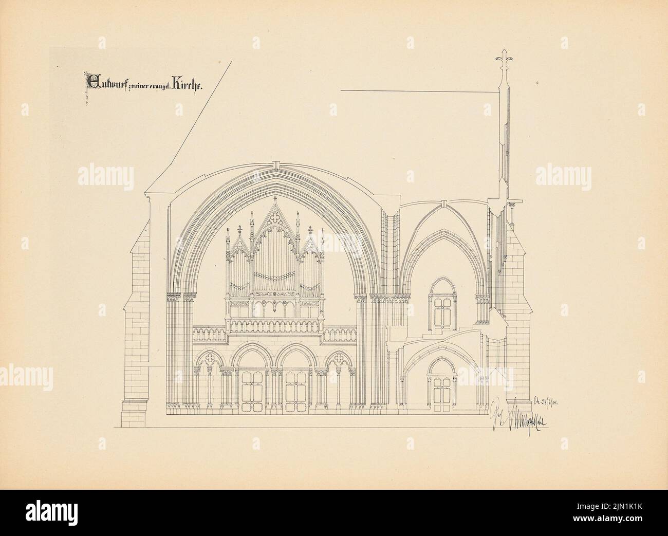 N.N., Evangelische Kirche. (Aus: Drucke von Seminararbeiten der Königlichen Technischen Universität Berlin, Vol. III) (1901): Cut. Druck auf Papier, 23,9 x 32,6 cm (einschließlich Scankanten) N.N. : Evangelische Kirche. (Aus: Drucke von Seminararbeiten der Königlich Technischen Hochschule Berlin, Bd. III) Stockfoto