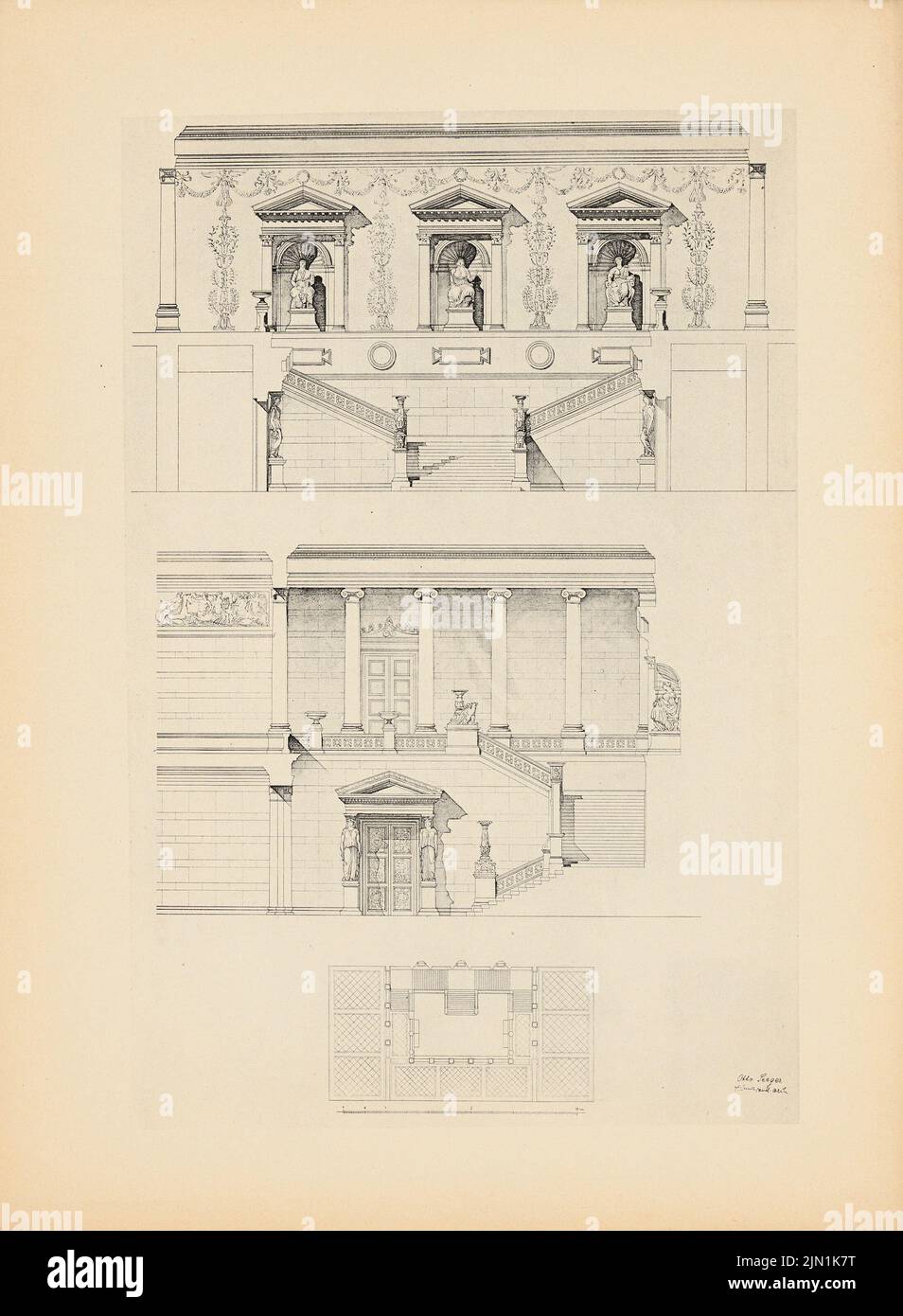 Seeger Otto, Gartenpavillon. (Aus: Drucke von Seminararbeiten der Königlichen Technischen Universität Berlin, Vol. III) (1898-1904): Ansicht, Grundriß. Druck auf Papier, 32,6 x 23,9 cm (inklusive Scankanten) Seeger Otto : Gartenpavillon. (Aus: Drucke von Seminararbeiten der Königlich Technischen Hochschule Berlin, Bd. III) Stockfoto