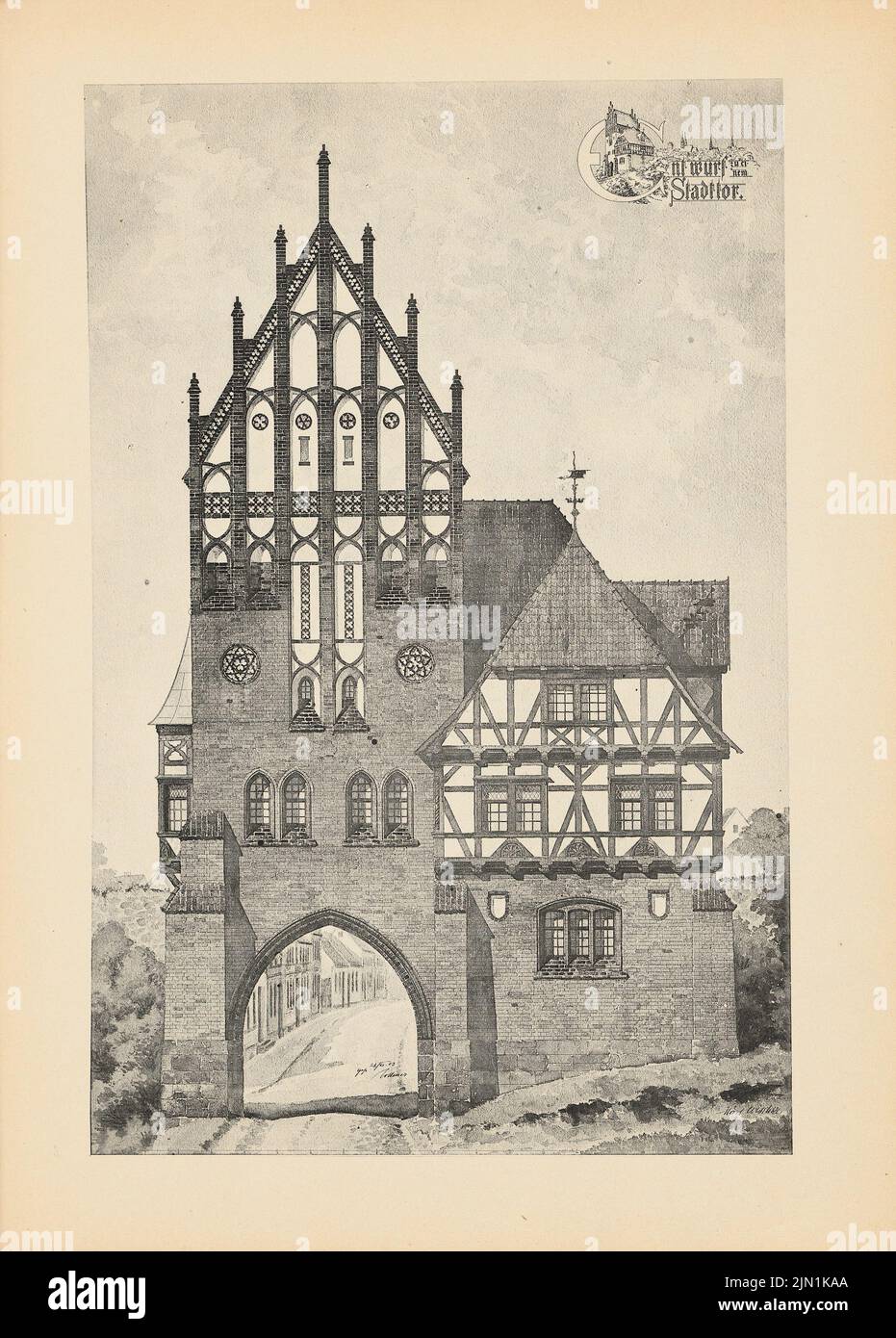 Wischke Karl, Stadttor. (Aus: Drucke von Seminararbeiten der Königlichen Technischen Universität Berlin, Vol. III) (1903): Ansicht. Druck auf Papier, 32,6 x 23,4 cm (inklusive Scankanten) Wischke Karl : Stadttor. (Aus: Drucke von Seminararbeiten der Königlich Technischen Hochschule Berlin, Bd. III) Stockfoto