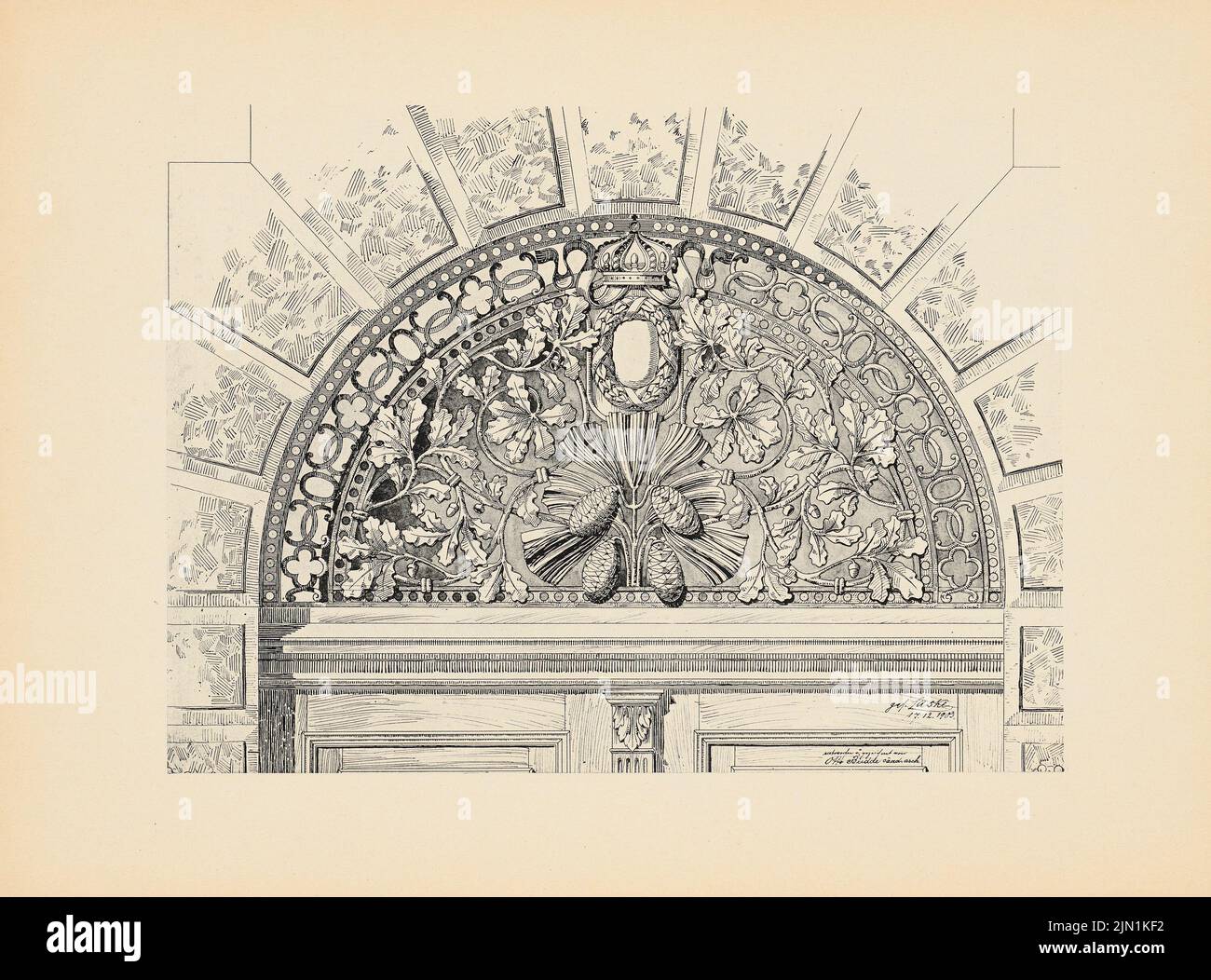 Budde Otto, Türbogen orniac. (Aus: Drucke von Seminararbeiten der Königlichen Technischen Universität Berlin, Vol. III) (1903): Ansicht. Druck auf Papier, 23,9 x 32,3 cm (inklusive Scankanten) Budde Otto : Türbodenornamentik. (Aus: Drucke von Seminararbeiten der Königlich Technischen Hochschule Berlin, Bd. III) Stockfoto